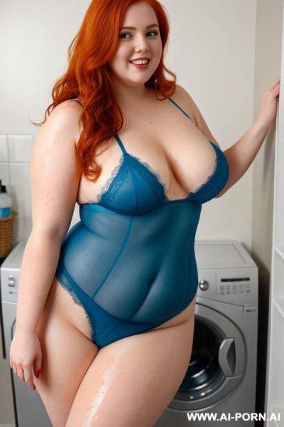 Half-length photo, as a setting in the laundry area, a fat chubby fat thick and bbw redhead british, she is washing clothes and is soaked in foamy water. she has lovehandless and a soft - ai-porn.ai - Britain on pornsimulated.com