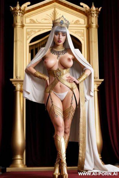 Royalty. queen, royal necklace, rings, long nipples, tiara, large nipples, bracer, head dress, large areolas, oversized boobs, anklet, huge nipple, large nipples, wet, oiled, (full body portrait), - ai-porn.ai on pornsimulated.com