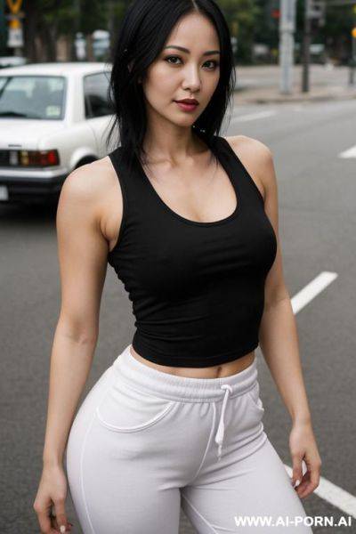 Beautiful woman with round tits. wearing a tight tank top. wearing baggy pants. - ai-porn.ai on pornsimulated.com