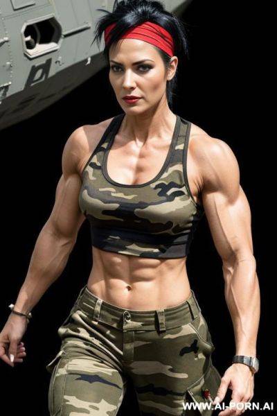 Muscular woman soldier in black tank top and camouflage trousers. black spiky hair. red headband. spaceship. - ai-porn.ai on pornsimulated.com