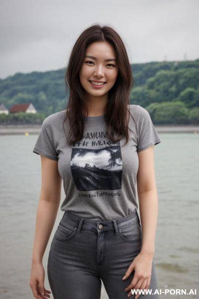 Frau mit hell grauen kurz haar, in der wüste, t-shirt mit jeans, gute figur mit brüs und har nippeln, regen, wind - ai-porn.ai on pornsimulated.com