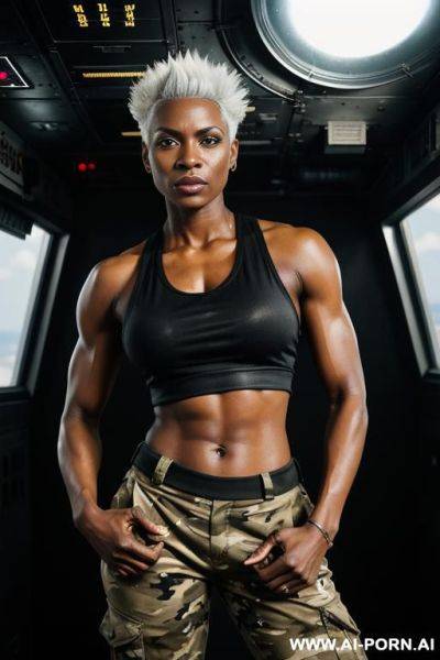 Black muscular woman soldier in black tank top and camouflage trousers. white short spiky hair. sweat, grime. holding laser. onboard spaceship. symmetrical eyes. - ai-porn.ai on pornsimulated.com