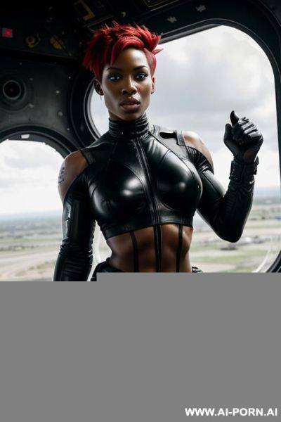 Black muscular woman soldier in black camouflage trousers. red short punk hair. sweat, grime. holding laser. onboard spaceship. symmetrical eyes. - ai-porn.ai on pornsimulated.com