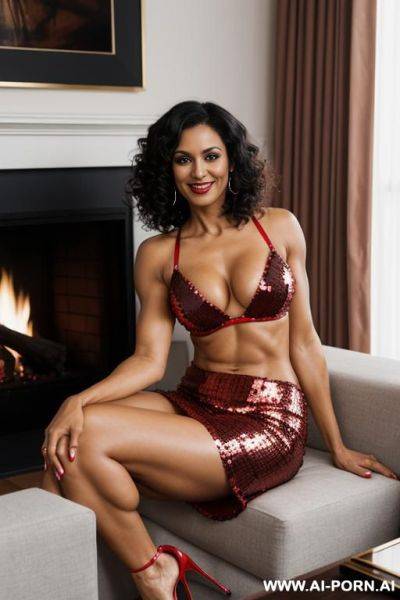 Indian, milf, short hair, fit, abs, big ass, arms up, muscular arms, navel piercing, red sequin bra, red pleat skirt, tall, looking at camera, full body, stiletto, fireplace, sitting on couch cross-legged, sideways - ai-porn.ai - India on pornsimulated.com