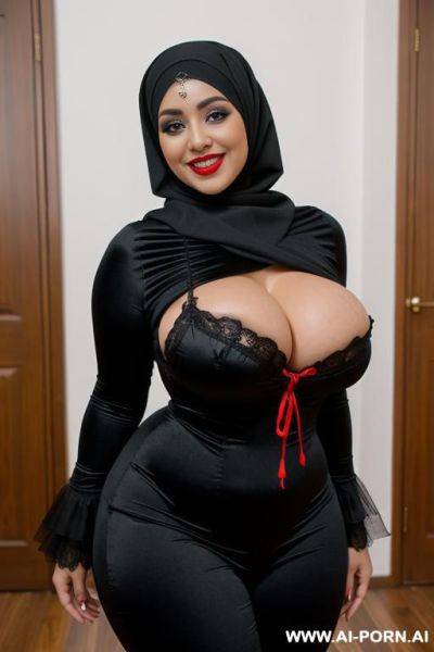 Smiling curvy russian busty with huge boobs wearing hijab fully naked standing black - ai-porn.ai - Russia on pornsimulated.com