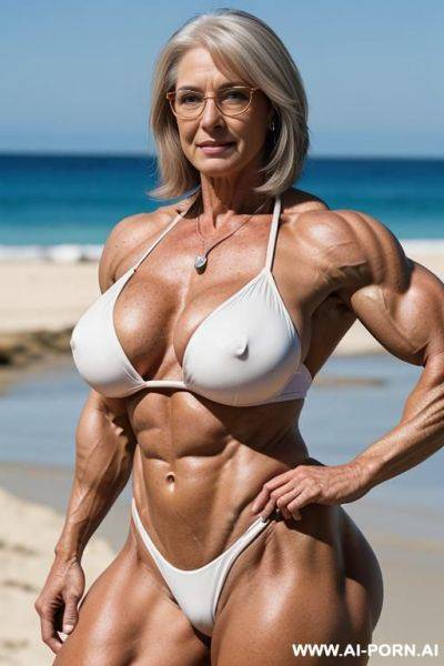 ((sexy hot old mom mature attractive milf)) (shiny silver bikini) (necklace) ((sexy standing pose, direct eye contact)) (((oversize huge gigantic boobs))) (wide hips, massive thighs) (((choose the most - ai-porn.ai on pornsimulated.com