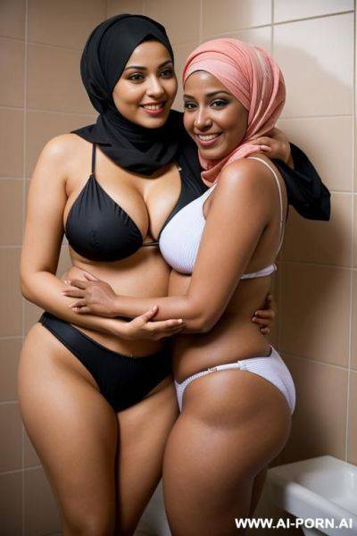 Smiling curvy egyptian busty wearing hijab and bikini hugged from black grandpa in bathroom - ai-porn.ai - Egypt on pornsimulated.com