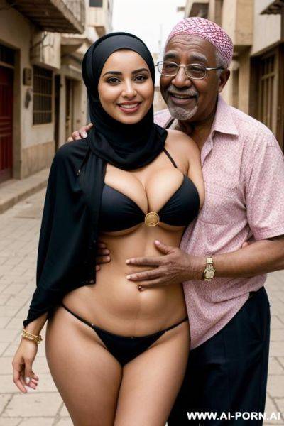 Smiling curvy egyptian busty wearing hijab and bikini hugged from black grandpa in street - ai-porn.ai - Egypt on pornsimulated.com