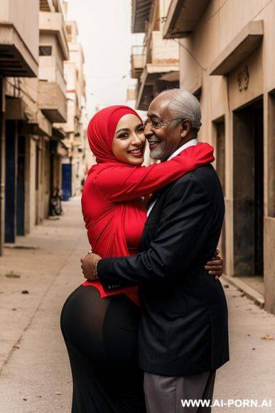 Smiling curvy egyptian busty wearing hijab and red lingerie hugged from black grandpa in street - ai-porn.ai - Egypt on pornsimulated.com