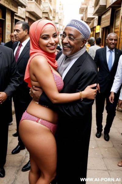 Smiling curvy egyptian busty wearing hijab and bikini hugged from black grandpa in crowded street - ai-porn.ai - Egypt on pornsimulated.com