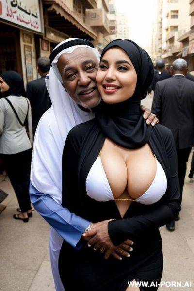 Smiling curvy arabic busty wearing hijab and bikini hugged from black grandpa in crowded street - ai-porn.ai on pornsimulated.com