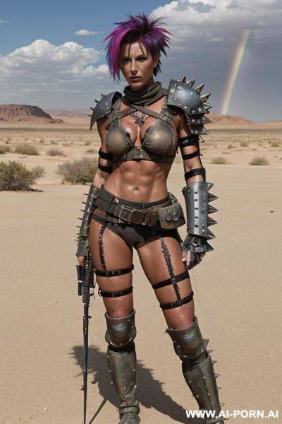 Soldier on a desert battlefield. muscular body with toned abs. shorty, spiky punk hair. sweat and grime on body. armoured shoulder pads. armoured legs. holding crossbow in hand. fallout raider. mad max. - ai-porn.ai on pornsimulated.com