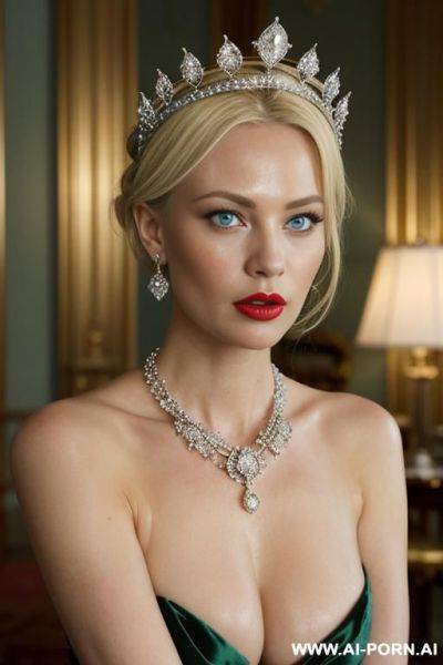 _wearing diamond crown, topless, pretty boobs, light blue eyes, diamond necklace, (white pallid skin), (ghastly pallid shiny skin), red lips - ai-porn.ai on pornsimulated.com