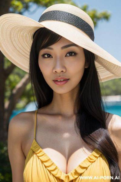 Asian woman, ((detailed face)), wearing a sundress, wearing a hat, posing outside - ai-porn.ai on pornsimulated.com