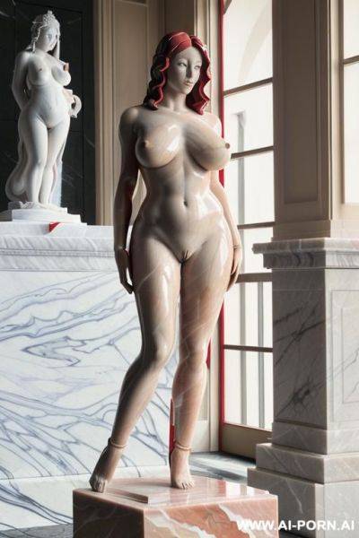 ((((highly artistic red and white marble of nude statue)))), (((gigantic saggy massive oversized enormous tits))), in glass box on top of pedestal, slate wall in background, - ai-porn.ai on pornsimulated.com