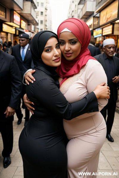 Smiycurvy arabic busty wearing hijab and lingerie hugged from black grandpa in crowded street - ai-porn.ai on pornsimulated.com