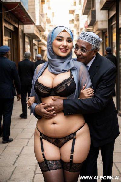 Smiling curvy egyptian busty wearing hijab and lingerie hugged from black grandpa in crowded street - ai-porn.ai - Egypt on pornsimulated.com