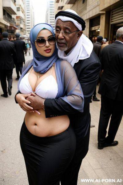 Smiycurvy arabic busty wearing hijab and bikini hugged from black grandpa in crowded street - ai-porn.ai on pornsimulated.com