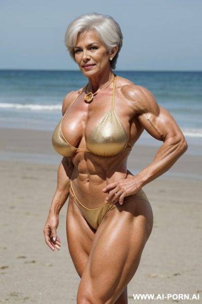 ((sexy hot old mom mature attractive milf)) (gold bikini) (necklace) ((sexy standing pose, direct eye contact)) (((oversize huge gigantic boobs))) (wide hips, massive thighs) (((choose the most - ai-porn.ai on pornsimulated.com