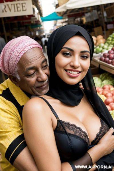 Smiling curvy egyptian busty wearing hijab and lingerie hugging from black grandpa in market - ai-porn.ai - Egypt on pornsimulated.com