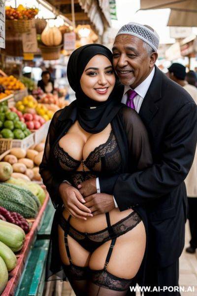 Smiling curvy egyptian busty wearing hijab and lingerie hugged from black grandpa in market - ai-porn.ai - Egypt on pornsimulated.com