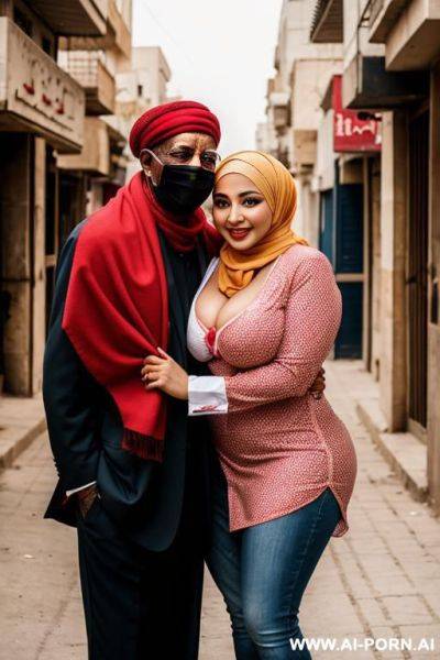 Smiling curvy egyptian busty wearing hijab and red lingerie hugged from black grandpa in street - ai-porn.ai - Egypt on pornsimulated.com