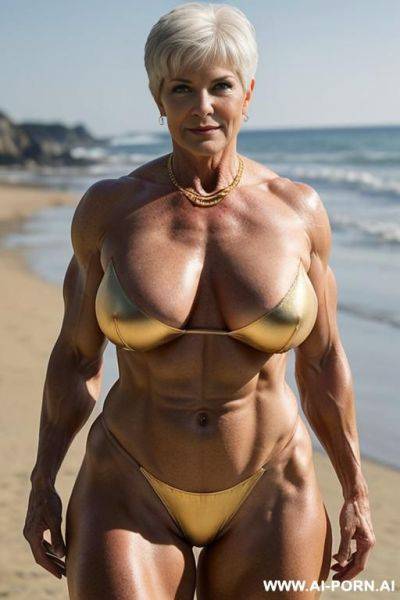 ((sexy hot old mom mature attractive milf)) (shiny gold bikini) (big luxury necklace) ((sexy standing pose, direct eye contact)) (((oversize huge gigantic boobs))) (wide hips, massive thighs) (((choose - ai-porn.ai on pornsimulated.com