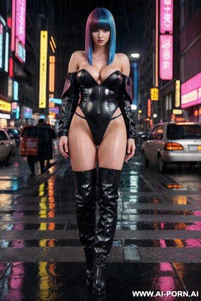 Pretty face, cyberpunk city, (rain), (wet), boots, topless, - ai-porn.ai on pornsimulated.com