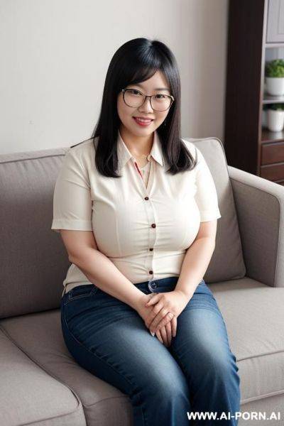 Chubby 1 frumpy chinese woman, wearing fitted shirt, jeans and glasses. cute, but not sexy or attractive. sitting on the couch smiling with her hands in her lap, waiting to watch a movie - ai-porn.ai - China on pornsimulated.com