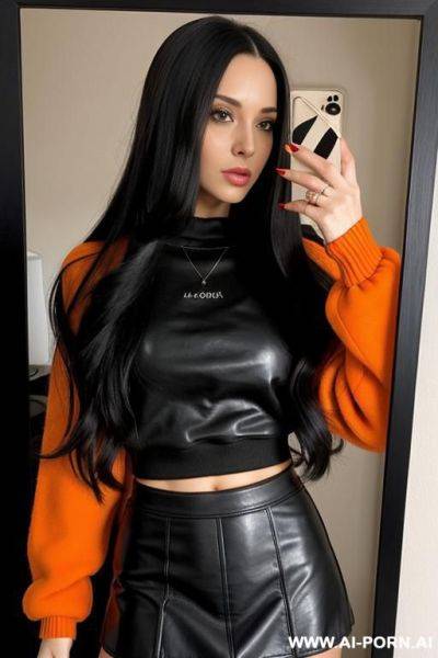 Woman long hair leather skirt black sweatshirt orange selfie photo in the mirror - ai-porn.ai on pornsimulated.com