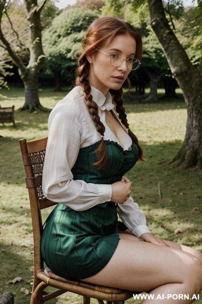 A very long green pleated skirt. a modest long sleve white blouse, direct eye contact, - ai-porn.ai on pornsimulated.com