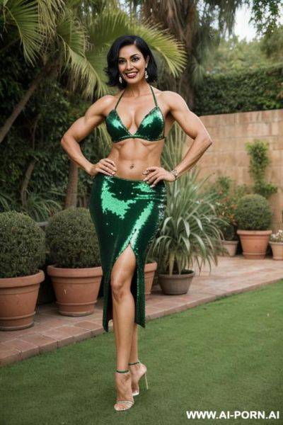 Indian, milf, short hair, fit, abs, muscular arms, flexing arm, tall, long legs, navel piercing, green sequin bra, green sequin skirt, looking at camera, full body, stiletto, in garden - ai-porn.ai - India on pornsimulated.com