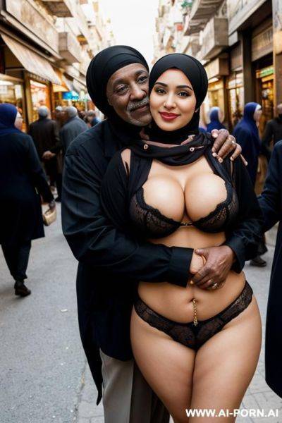 Smiling curvy egyptian busty wearing hijab and lingerie hugged from black grandpa in crowded street - ai-porn.ai - Egypt on pornsimulated.com