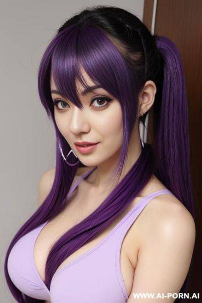 Anime, 1 woman, tits, woman, missionary pose, twin tail hair, purple hair. - ai-porn.ai on pornsimulated.com