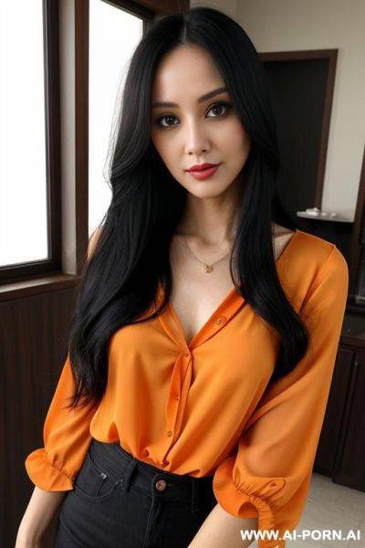 Woman long hair orange blouse selfie - ai-porn.ai on pornsimulated.com