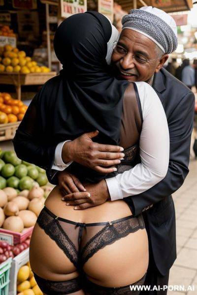 Smiling curvy egyptian busty wearing hijab and lingerie hugged from back from black grandpa in market - ai-porn.ai - Egypt on pornsimulated.com