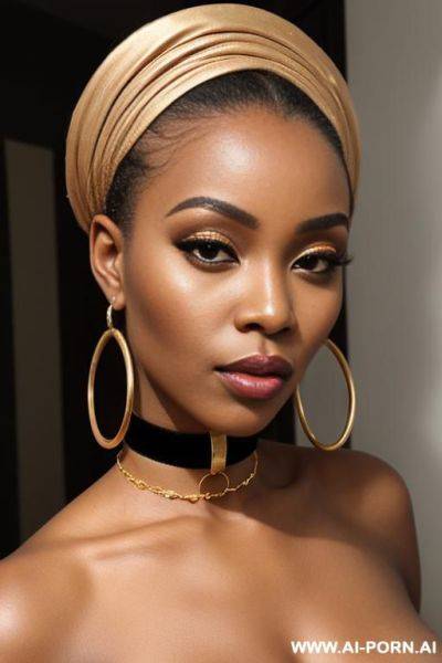 African, bimbo, slutty, hoop earrings, dress, dyed hair, tanned, choker, big lips, heavy makeup, gold - ai-porn.ai on pornsimulated.com