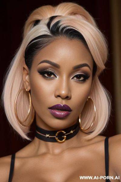 African, bimbo, slutty, hoop earrings, dress, dyed hair, tanned, choker, big lips, heavy makeup, gold, stripper - ai-porn.ai on pornsimulated.com