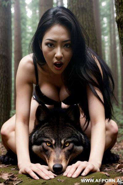 Woman, giant breasts, gy style sex with a werwolf from behing with a cock longer than his leg and errection, front view, the woman is shocked, the werwolf has errection, in the woods, front up view - ai-porn.ai on pornsimulated.com