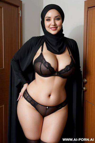 A smiling curvy russian busty with huge boobs wearing hijab showing underwear standing surrounded by many black old men - ai-porn.ai - Russia on pornsimulated.com