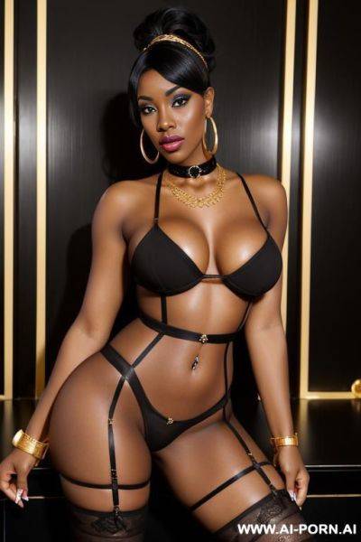 (african), bimbo, slutty, hoop earrings, dress, dyed hair, tanned, choker, big lips, heavy makeup, gold, stripper, fake breasts, hooker, perky breasts, large eyelashes, dark skin - ai-porn.ai on pornsimulated.com