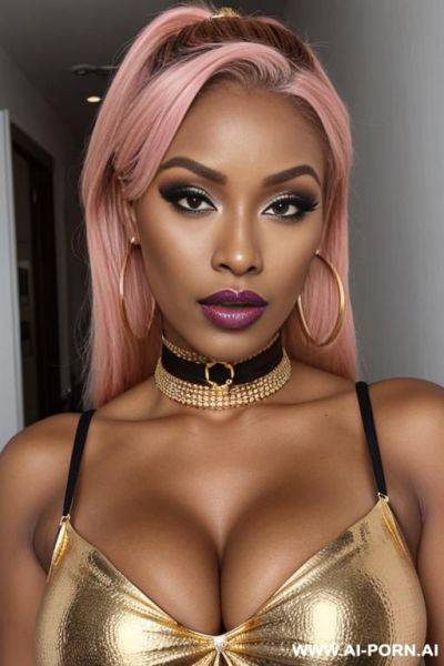 African, bimbo, slutty, hoop earrings, dress, dyed hair, tanned, choker, big lips, heavy makeup, gold, stripper - ai-porn.ai on pornsimulated.com