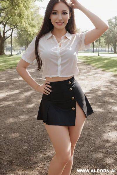 Transparent black skirt, standing. white blouse, show nipples through clothes, tits size 2. full body view, no bra, show tits, white stockings. - ai-porn.ai on pornsimulated.com