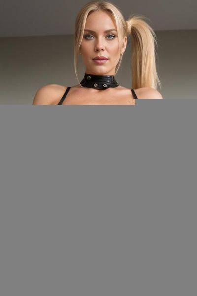 Blond ponytail, teasing and dominant look, almost smiling, view from below her crotch, tight bulging leather crop top, legs open, sitting leaning back, (((crotchless))) - ai-porn.ai on pornsimulated.com