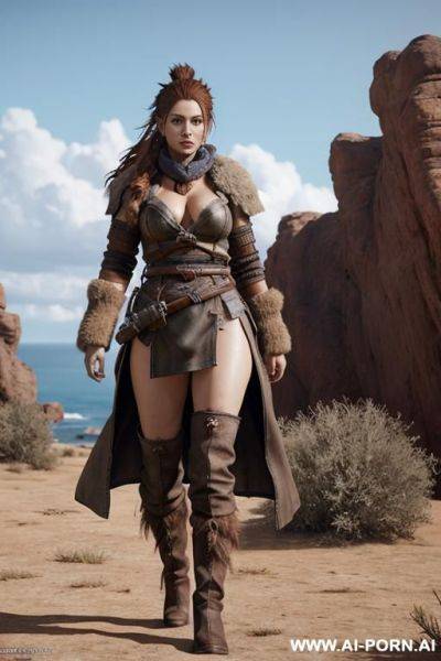 Aloy, horizon zero daw, realistic photo game ,same face as character the game, big breasts, hard niplees, s in the face, nude only long open coat, full body view, very hairy pussy, realistic - ai-porn.ai on pornsimulated.com