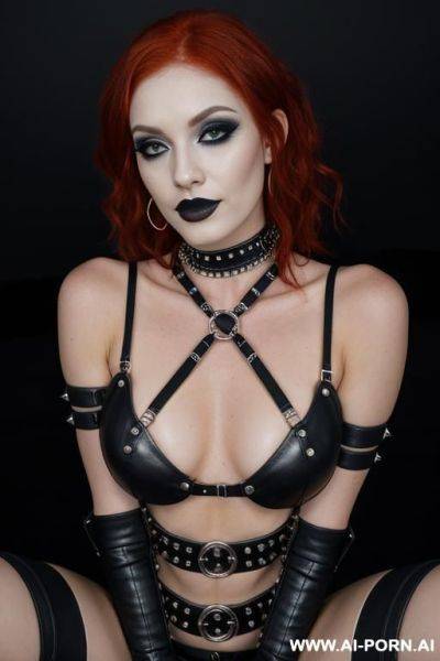 Redhead goth makeup woman in a rave, with a studded choker, fisnet, fetish body nipples and pussy shows, arms above head, bondage, boots, smiling - ai-porn.ai on pornsimulated.com