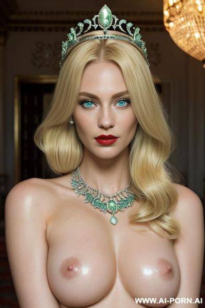 _super model, top model, wearing diamond crown, topless, pretty boobs, light blue eyes, diamond necklace, (white pallid skin), (ghastly pallid shiny skin), red lips - ai-porn.ai on pornsimulated.com