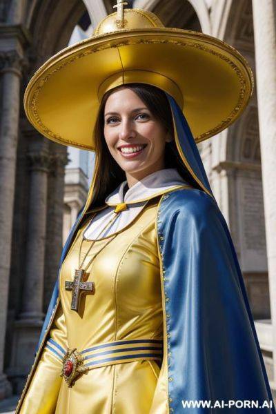 Papal church outside papal swiss guard traditional blue and yellow costume - ai-porn.ai - Switzerland on pornsimulated.com