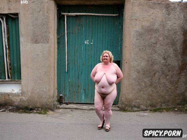 Very fat cute very stupid russian amateur dumb nude granny, standing straight in east european high apartment concrete buildings populated streets large view with people in backround - spicy.porn - Russia on pornsimulated.com