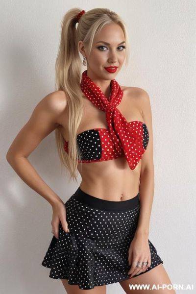 Blonde hair, retro ponytail, red bandana, black polka dot skirt, front view, black blouse, full body, naked belly, - ai-porn.ai on pornsimulated.com